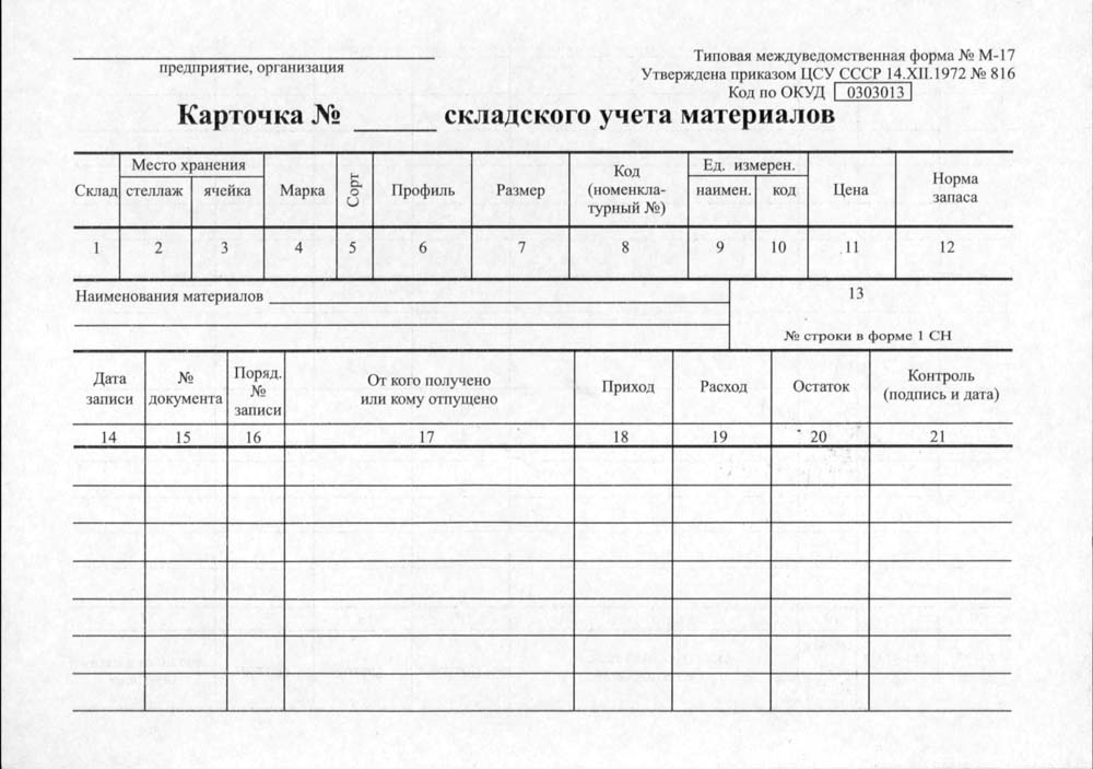 Бланк карточка складского учета материалов форма м-17