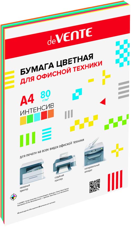 Бумага офисная цветная а4 "devente" 50л. 80г. интенсив 5 цв.