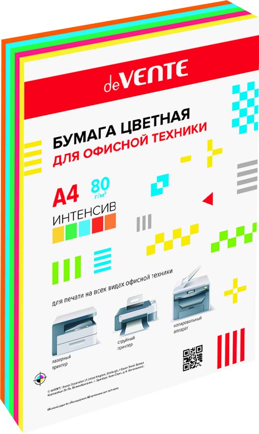 Бумага офисная цветная а4 "devente" 500л. 80г. интенсив 5 цв.