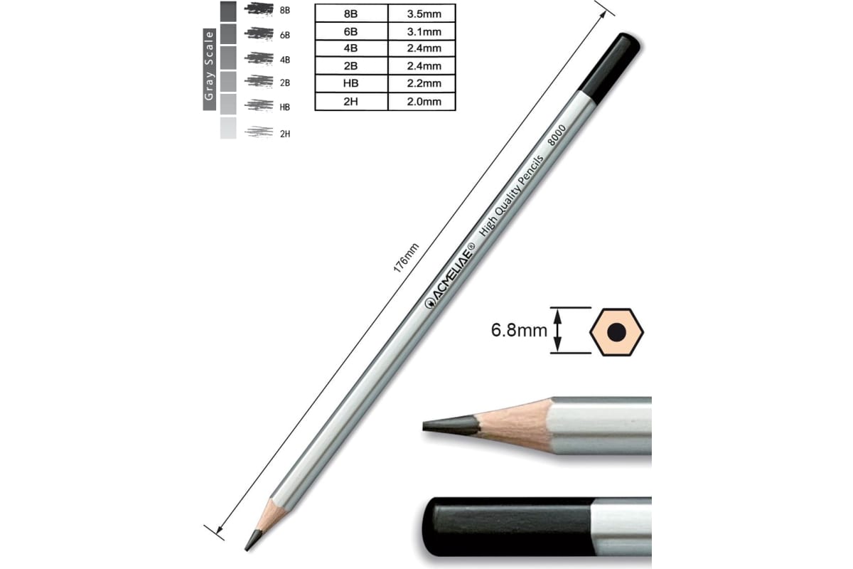 Карандаши acmeliae 6шт. (2h,hb,2b,4b,6b,8b)