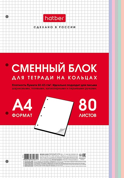 Сменный блок д/тетр. на кольцах а4 80л. кл. (hatber)