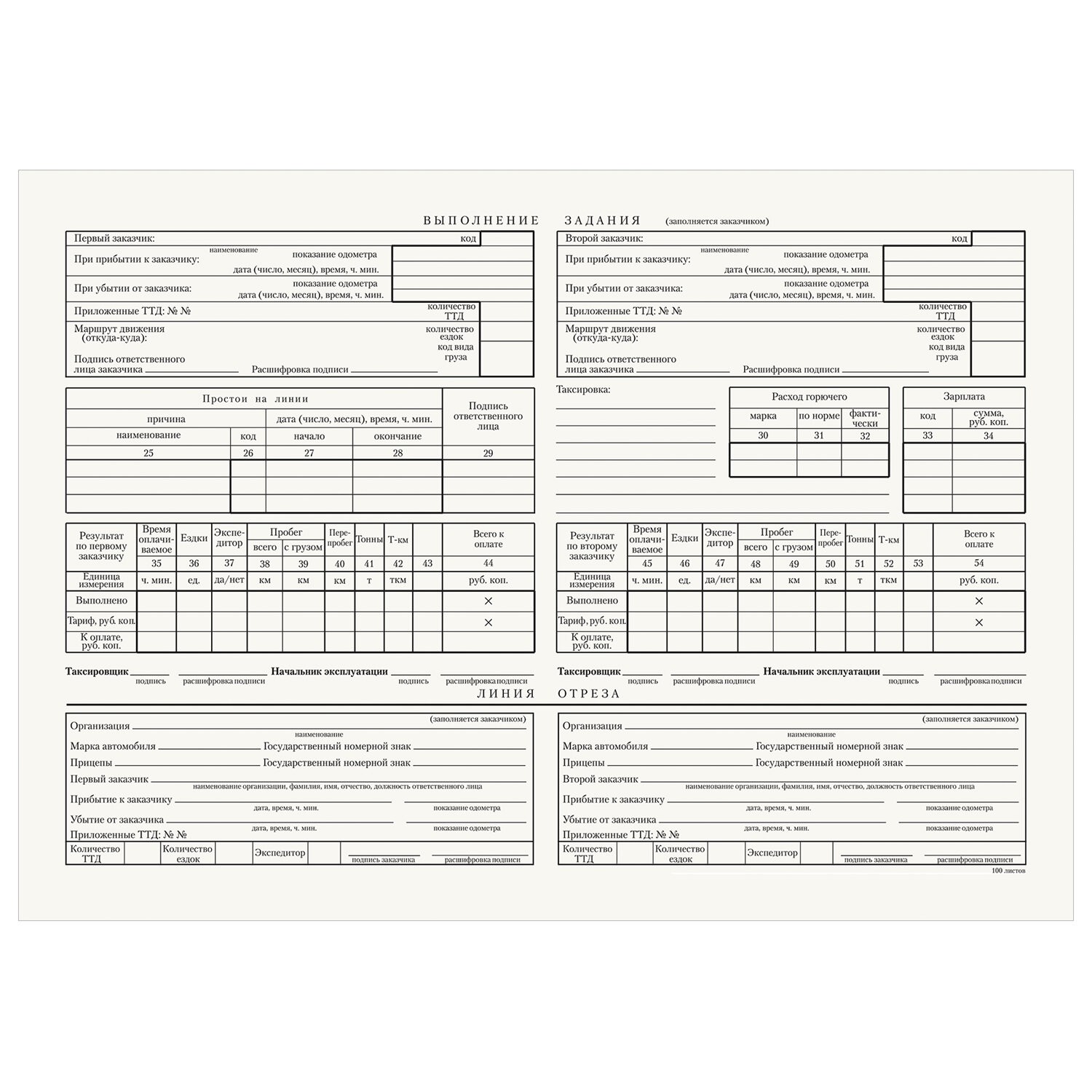 Путевой лист грузового автомобиля с талоном а4 100л. 4п