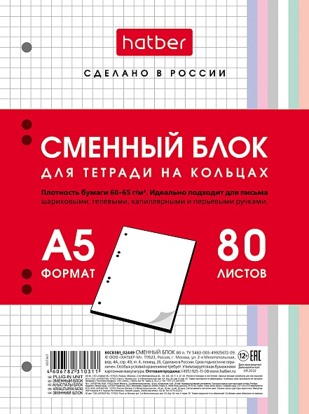 Сменный блок д/тетр. на кольцах а5 80л. кл. (hatber)