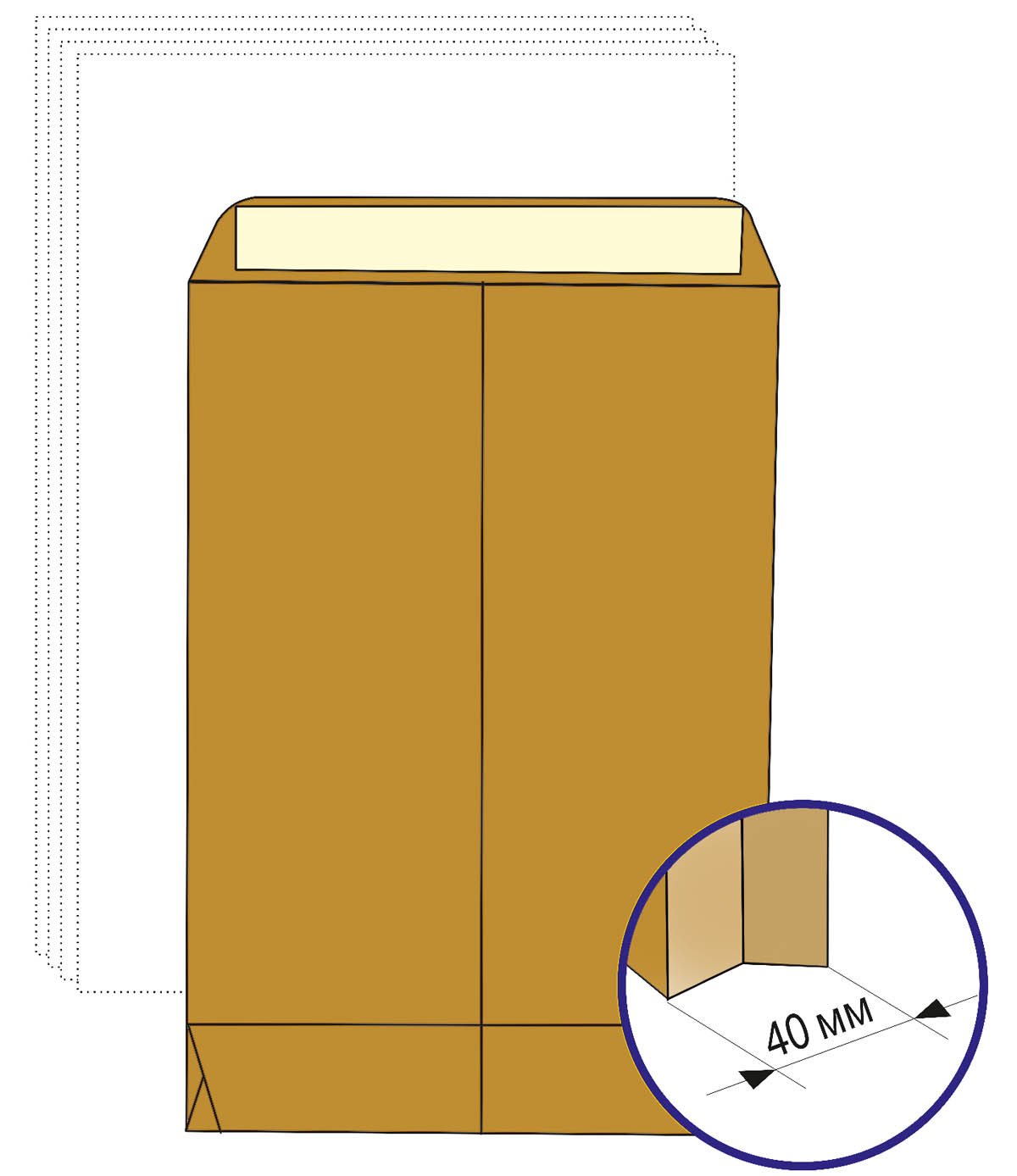 Конверт большой 229х324х40 крафт немаркиров. силикон боковое и донное расширение 130гр.