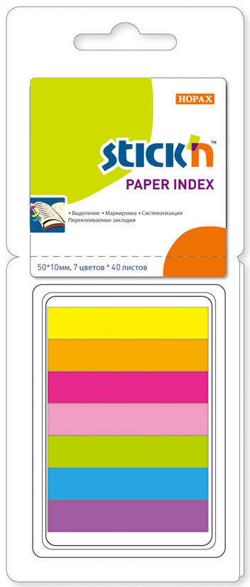 Закладки с липким краем "stick'n" 50х10мм 7цв. неон по 40л. бумага