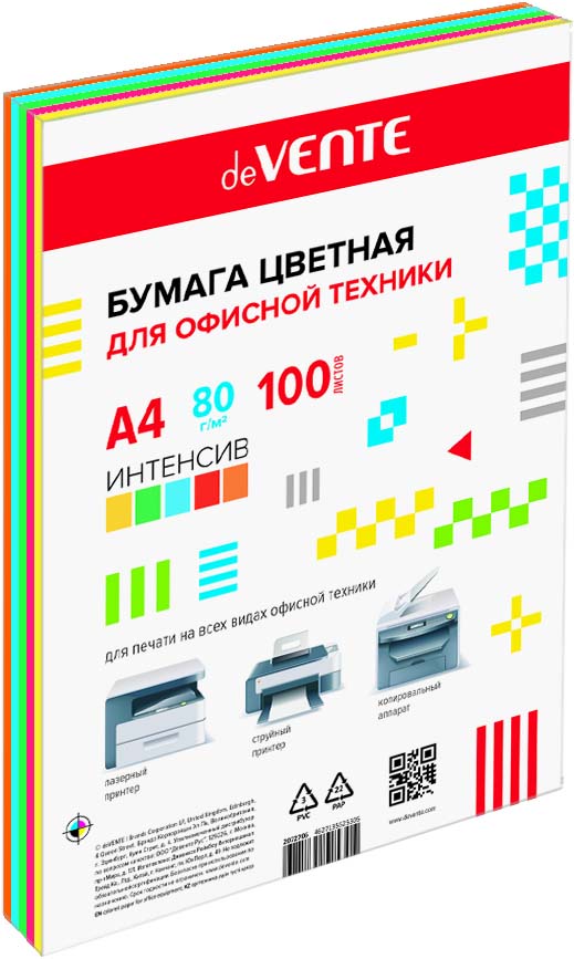 Бумага офисная цветная а4 devente 100л. 80г интенсив 5цв.