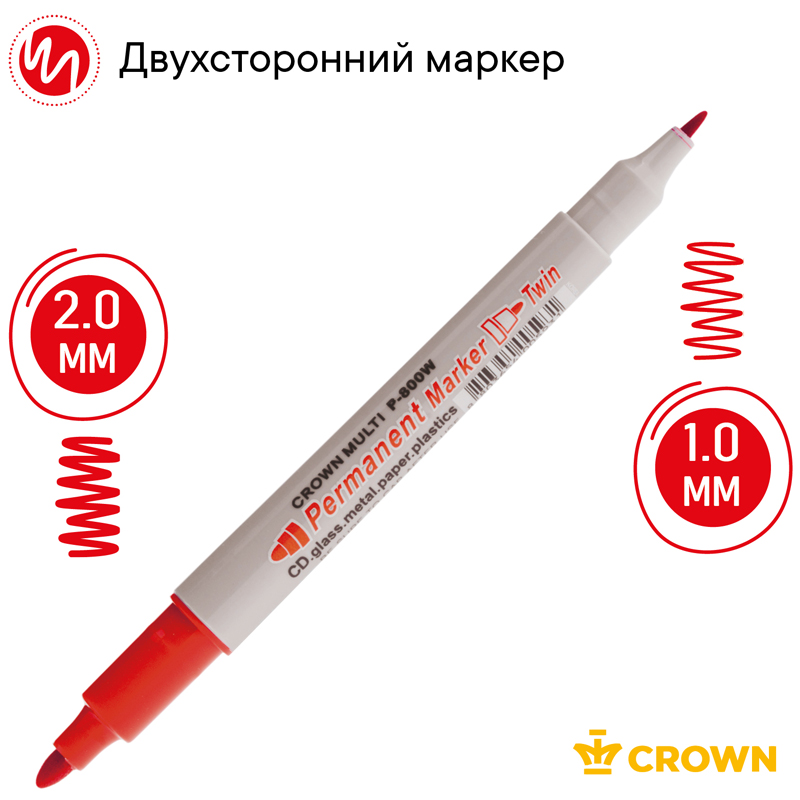 Маркер перманентный "crown" красн. конус 2,0мм/1,0мм