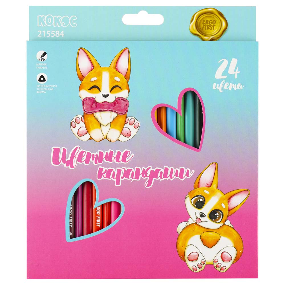 Карандаши цветные "corgi love" 24 цв.трехгр. ("кокос")