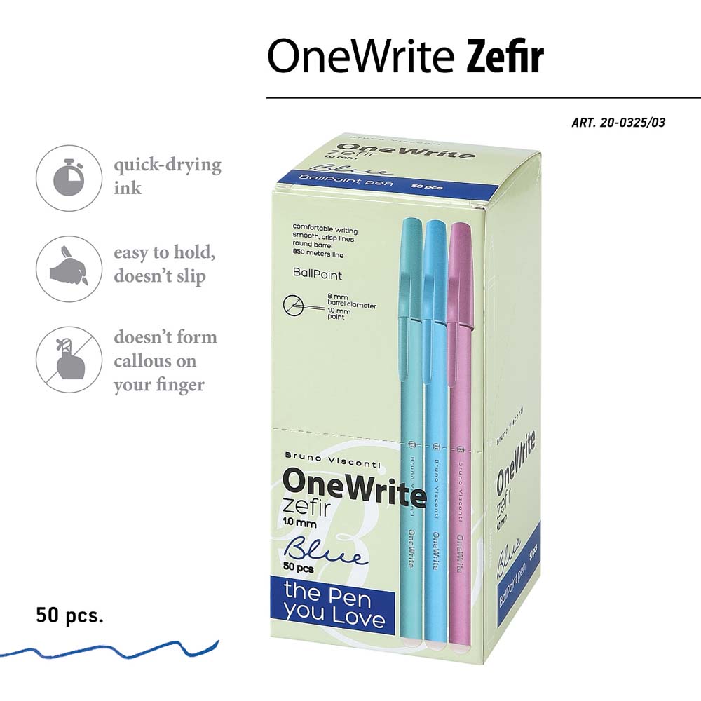 Ручка шар. bruno visconti "onewrite. zefir" синяя 1,0мм разовая асс-т