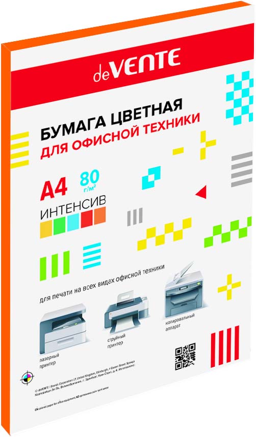 Бумага офисная цветная а4 devente 50л. 80г интенсив оранжевая