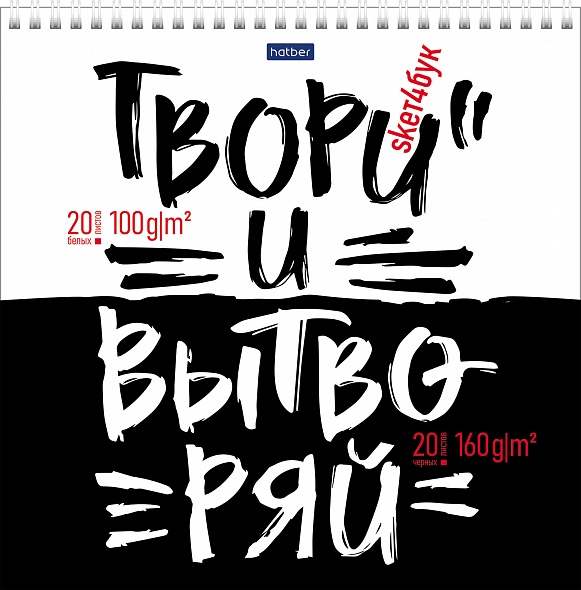 Скетчбук 240х240мм 40л. гребень "твори и вытворяй" (hatber) бел.100г/м2/чёрн.бум.160г/м2,тв.подл.