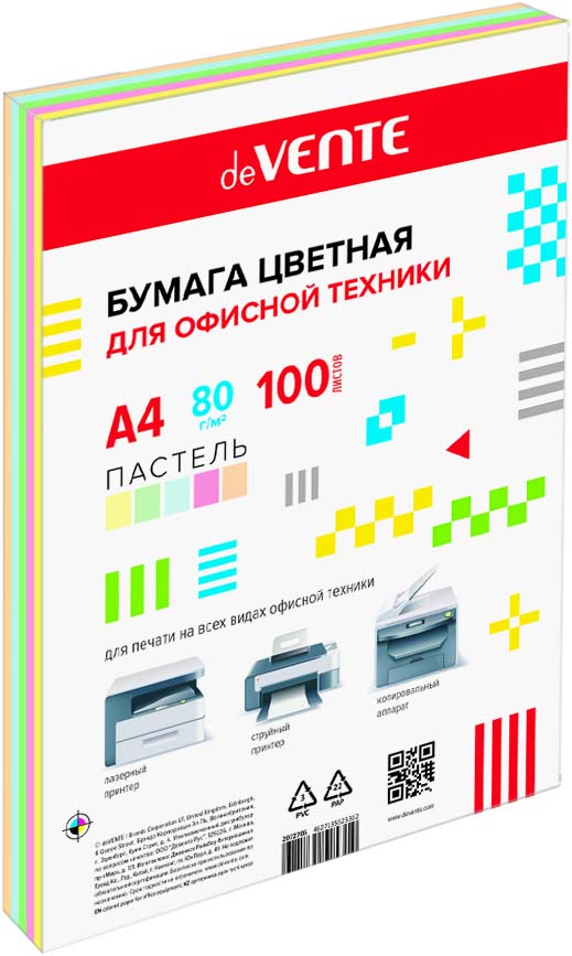 Бумага офисная цветная а4 devente 100л. 80г пастель 5цв.