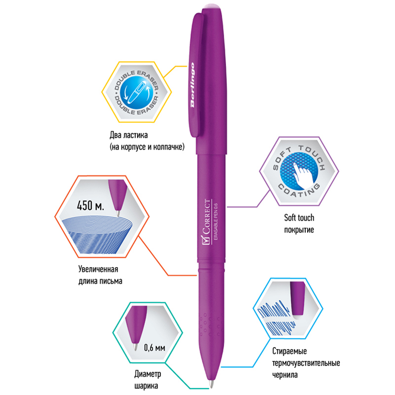 Ручка гел. пиши-стирай berlingo "correct" 0,6мм синяя асс-т