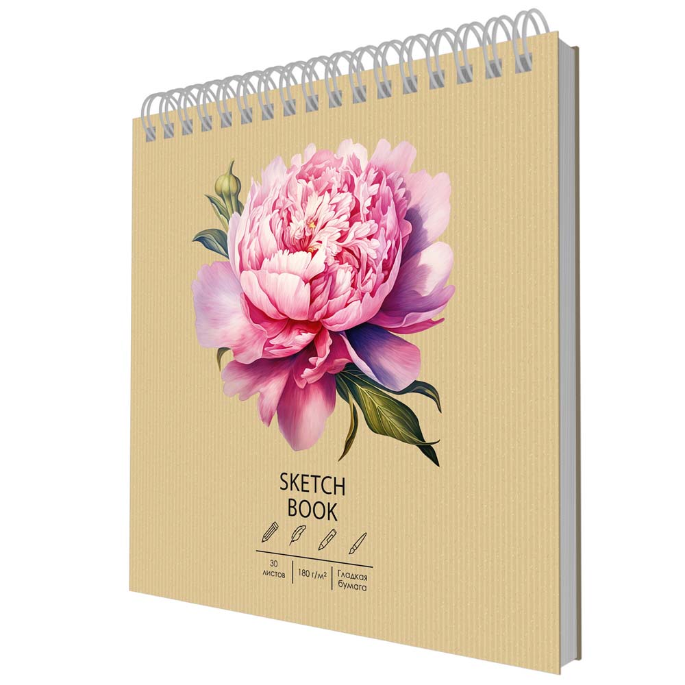 Скетчбук 190х190мм 30л. тв.обл. гребень "peony" (listoff) 180г/м2,перфорац.