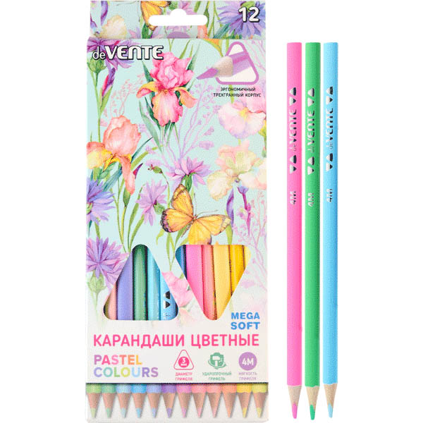 Карандаши цветные "devente "trio mega soft pastel" 12цв. трехгранные