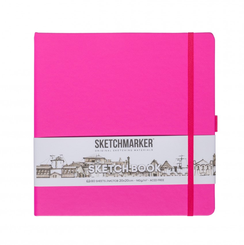 Скетчбук 20х20см 80л 140гр "sketchmarker" неоновая фуксия тв.обл.