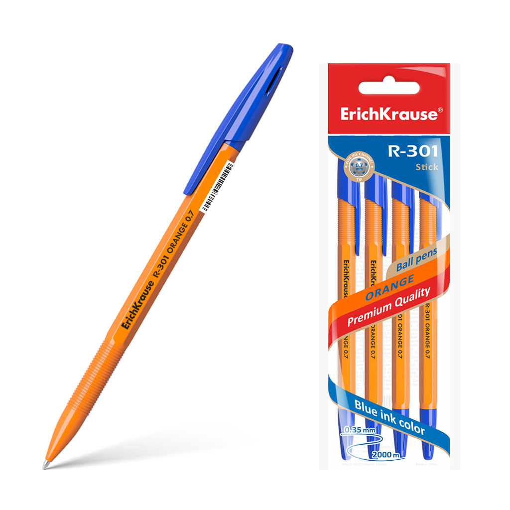 Ручка шар. в наборе erich krause "r-301 stick orange" син. 0,7мм 4шт.