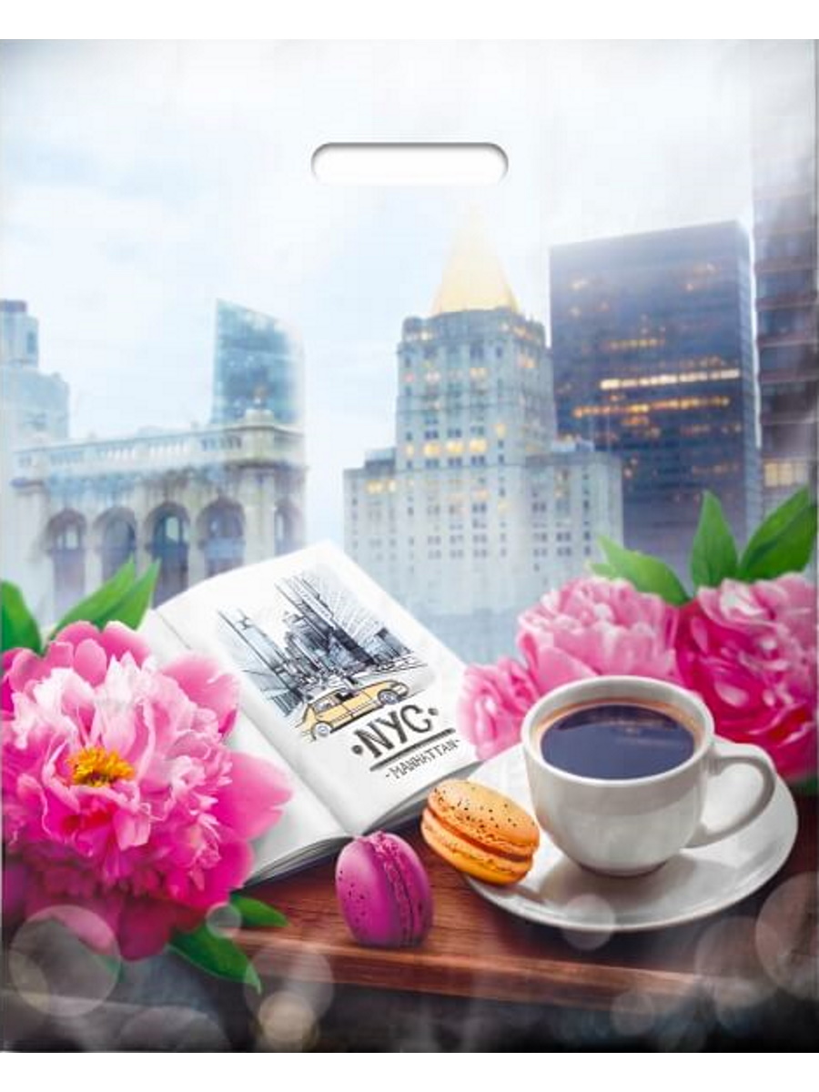 Пакет универсальный 38х47см "кружка кофе и город" проруб.ручка 60мкм