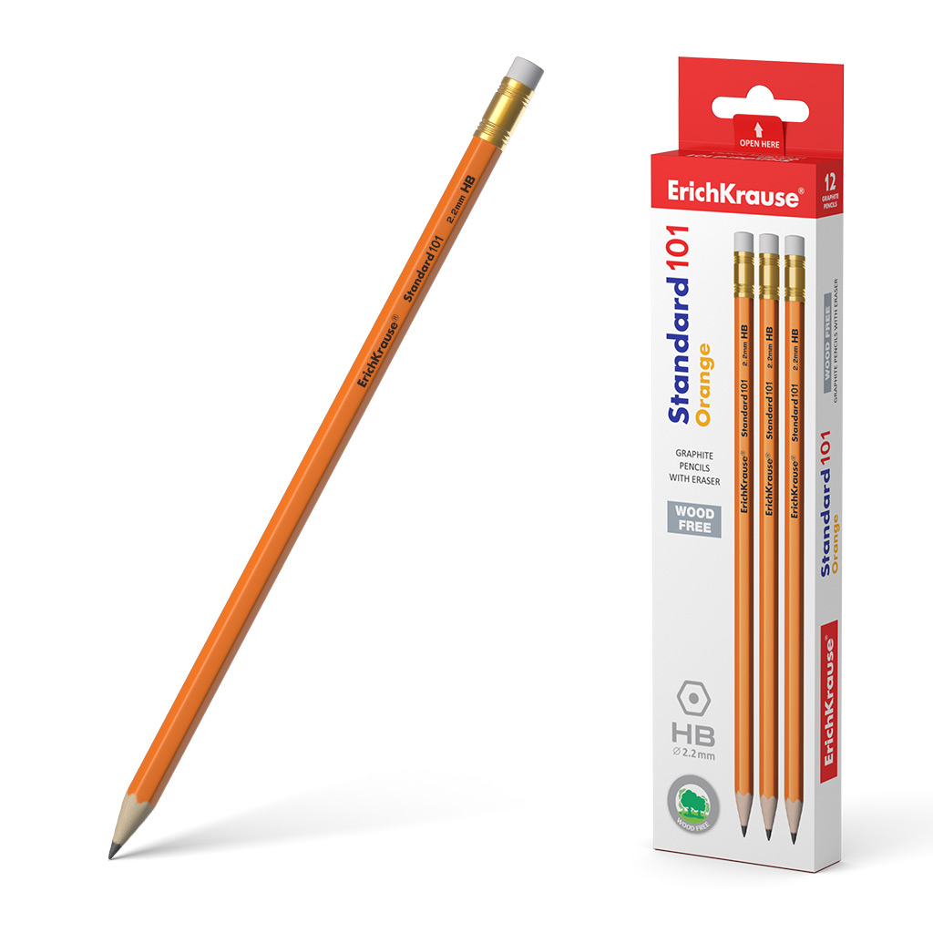 Карандаш с резинкой erich krause "standard 101 orange" hb пластик. шестигран.