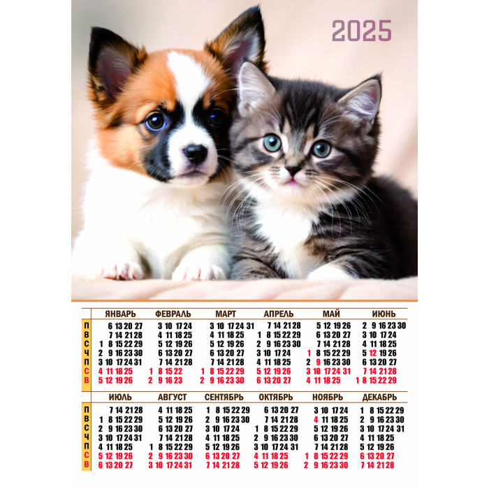 Календарь настенный 2025 а3 "котенок и щенок"