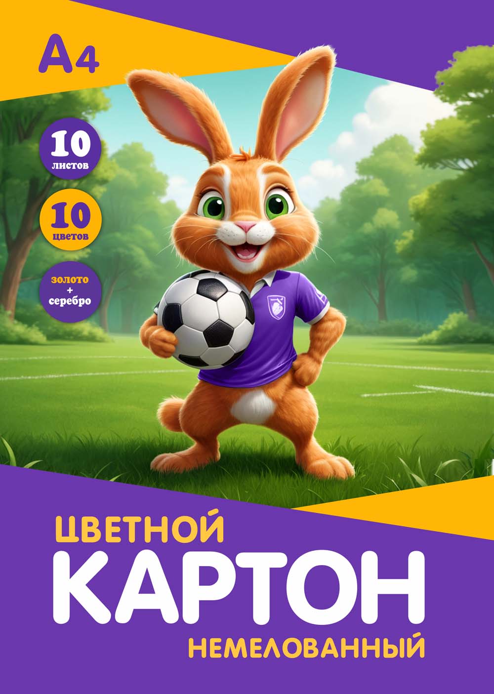Картон цветной а4 10л. 10цв. немелованный "заяц футболист" золото+серебро (папка)