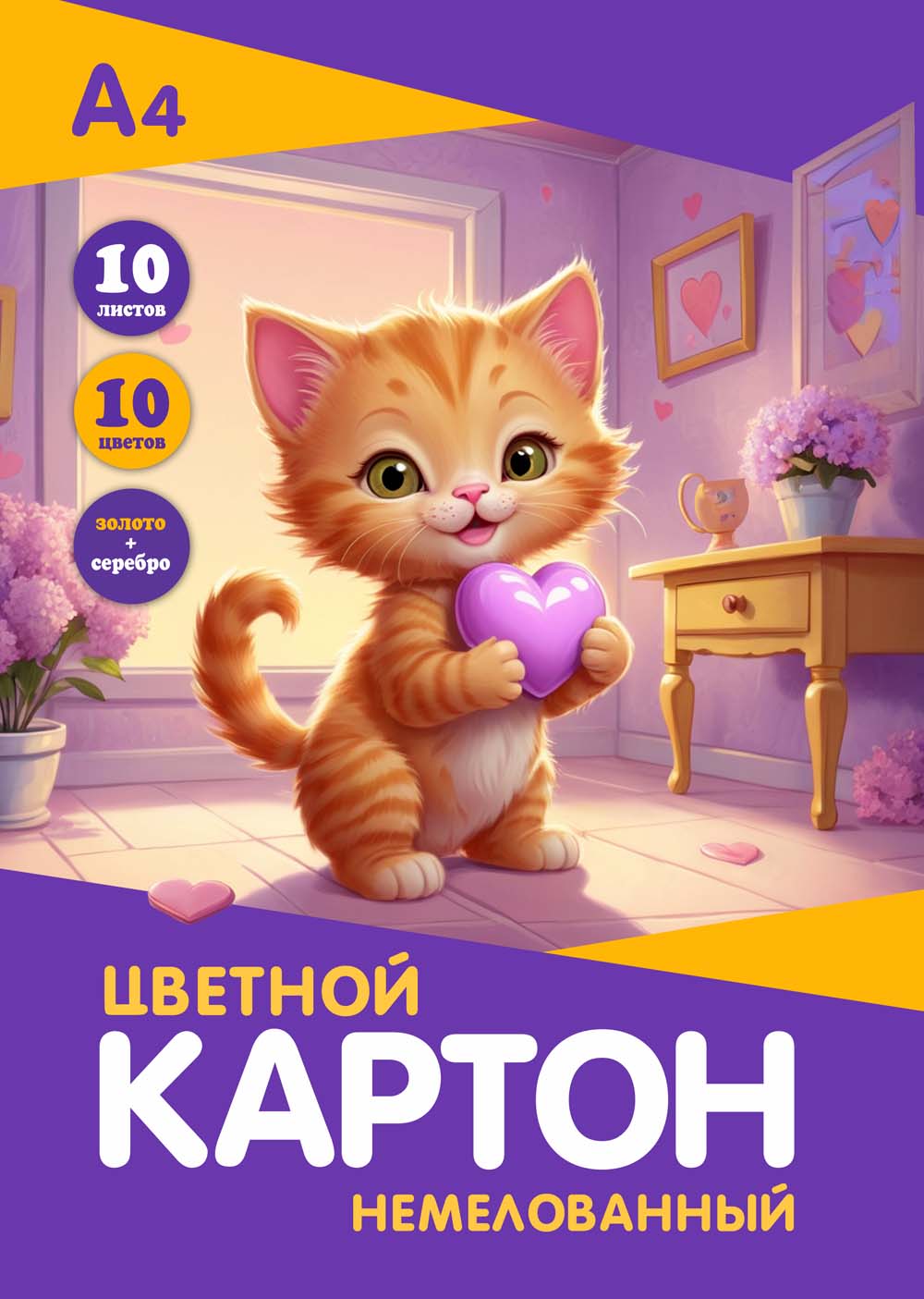 Картон цветной а4 10л. 10цв. немелованный "кошечка" золото+серебро (папка)