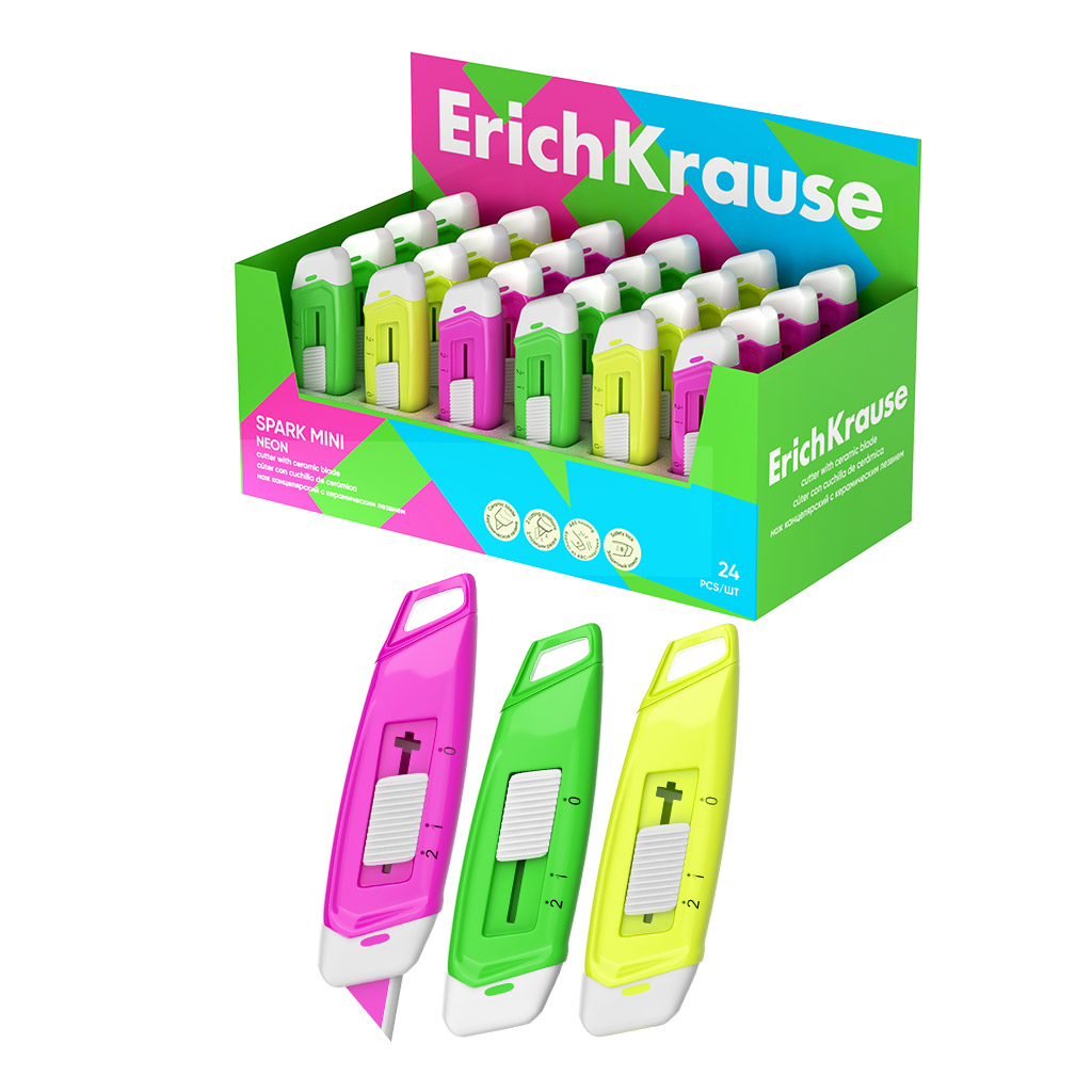 Нож канцелярский с керамическим лезвием 13мм erich кrause "mini neon" ассорти