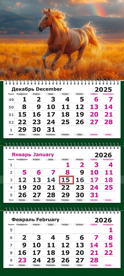 Календарь настенный 3-блочный 2026 "символ года. огненная лошадь" + бегунок