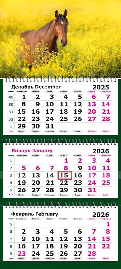Календарь настенный 3-блочный 2026 "символ года. лошадь на цветущем лугу" + бегунок