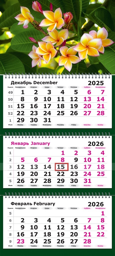 Календарь настенный 3-блочный 2026 "тропический цветок" + бегунок