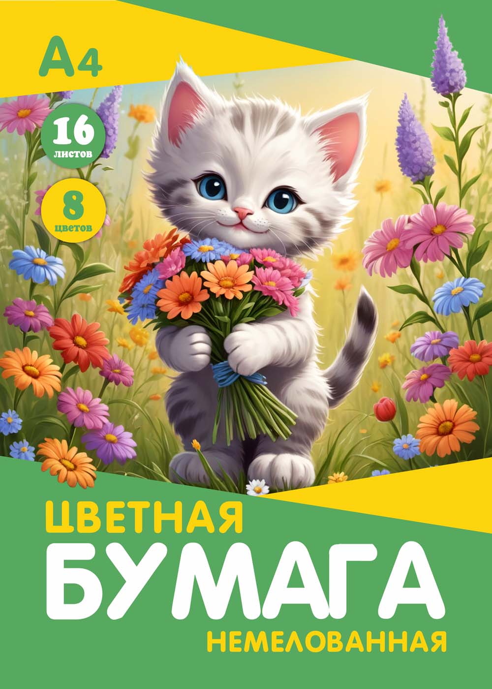 Бумага цветная а4 16л. 8цв. немелов. "кошечка с цветами" скоба