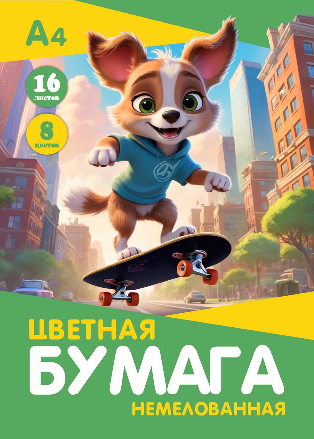 Бумага цветная а4 16л. 8цв. немелов. "щенок на скейте "скоба