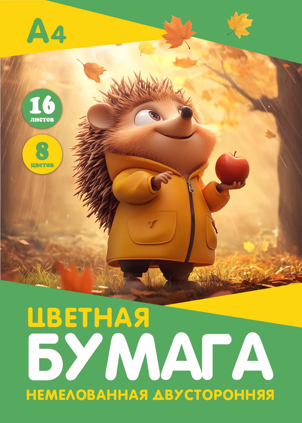Бумага цветная а4 16л. 8цв. двустор. немелов. "ежик" скоба