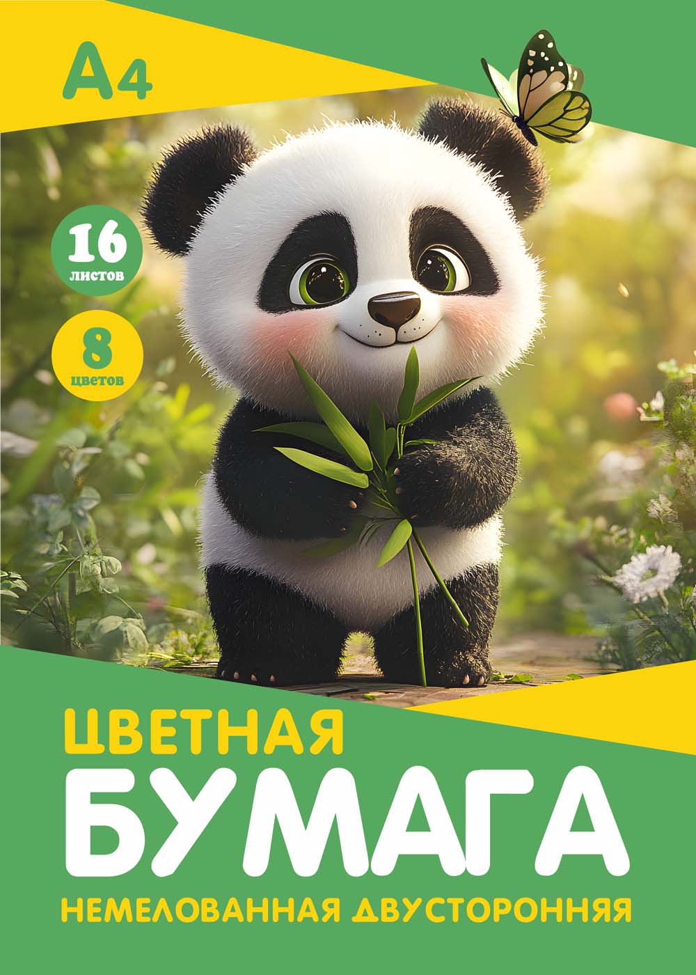 Бумага цветная а4 16л. 8цв. двустор. немелов. "панда" скоба