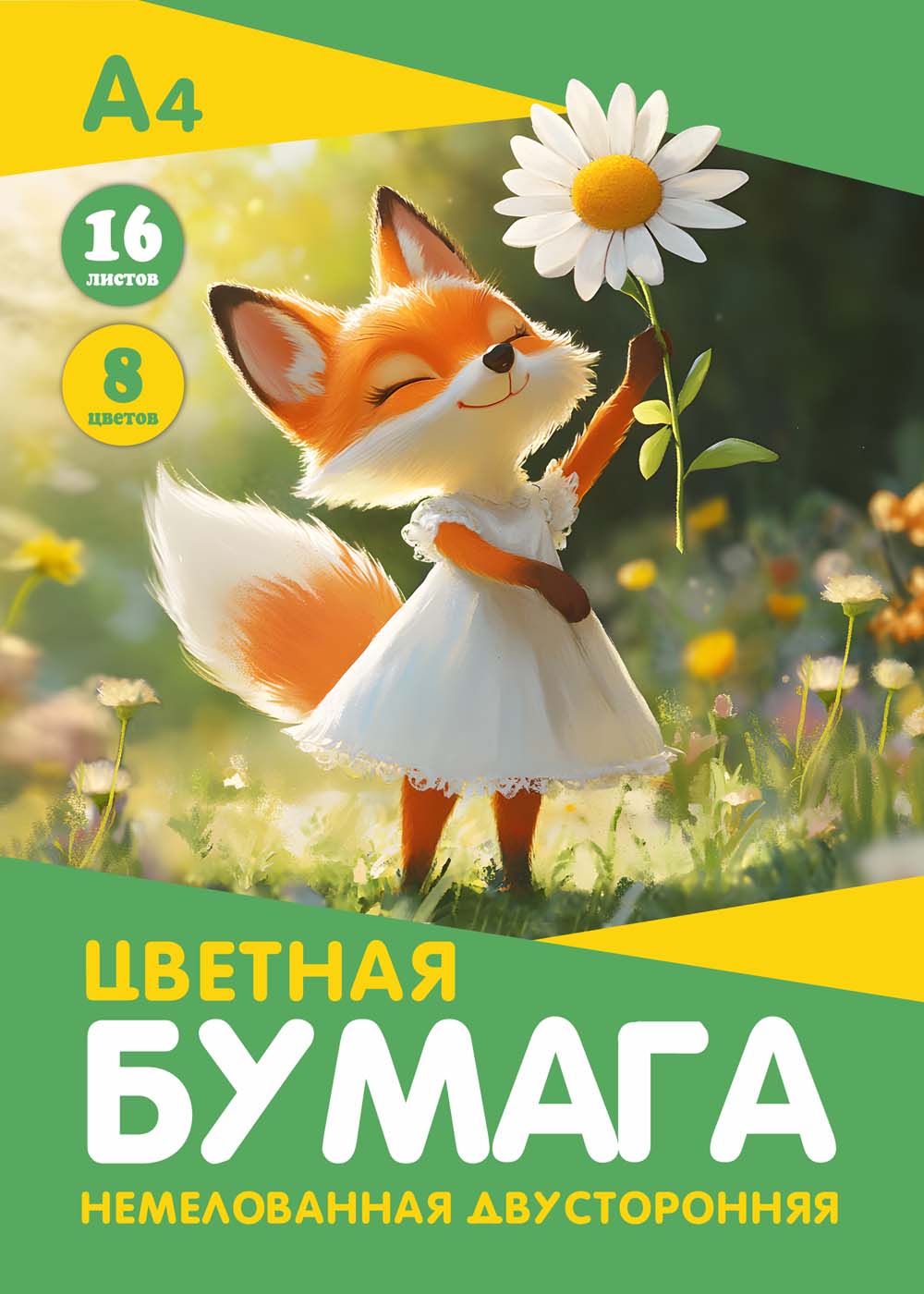 Бумага цветная а4 16л. 8цв. двустор. немелов. "лисичка" скоба