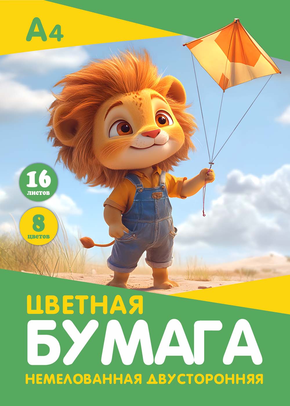 Бумага цветная а4 16л. 8цв. двустор. немелов. "львенок" скоба