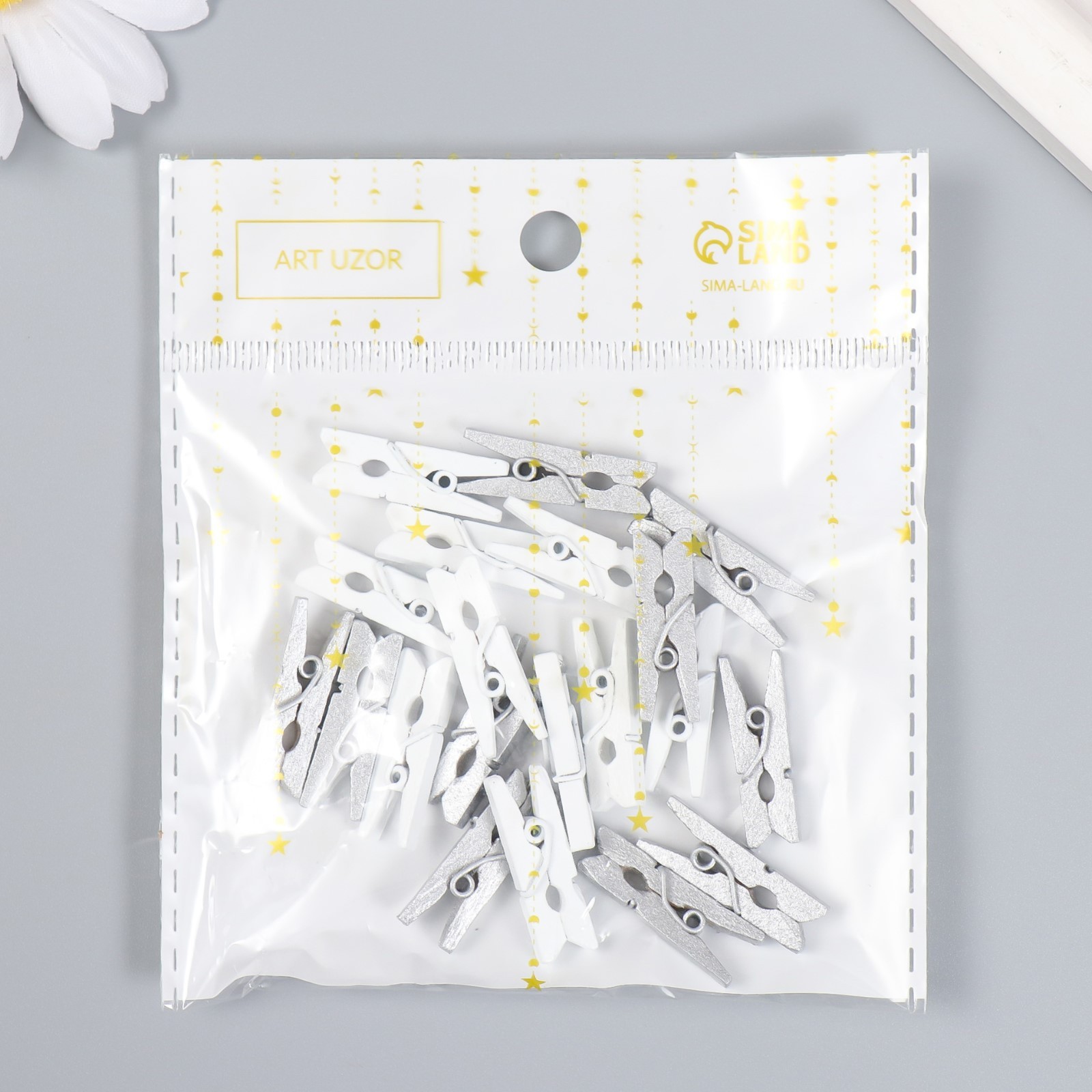 Набор прищепок 2,5см 20шт белый/серебро, дерево