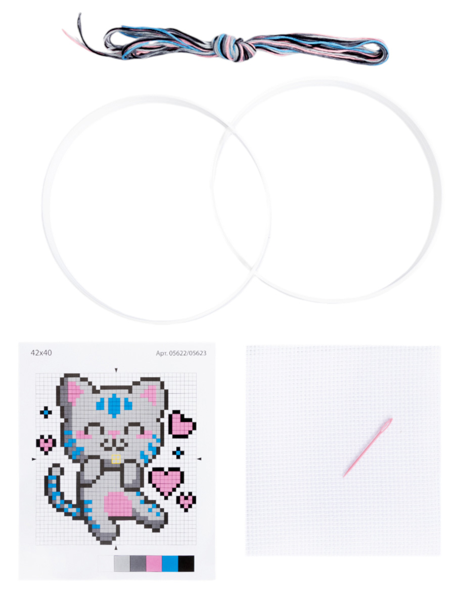 Набор для вышивания "счастливый котик" 10х10см, с пяльцами