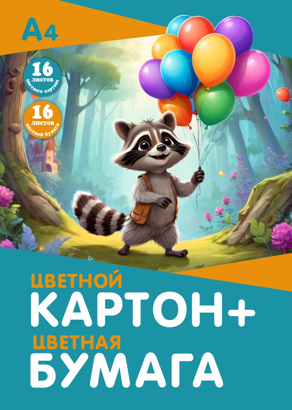 Набор а4 цв.картон 16л. 16цв. и цв.бумага 16л. 16цв. "енот" папка