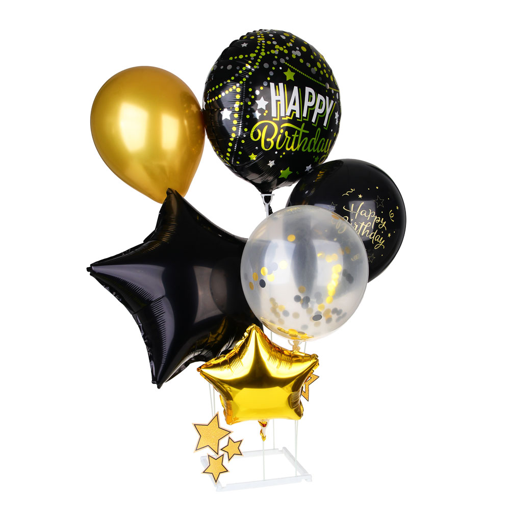 Набор шаров возд. 6шт. "happy birthday" чёрный/золото с подставкой