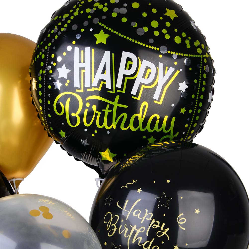 Набор шаров возд. 6шт. "happy birthday" чёрный/золото с подставкой
