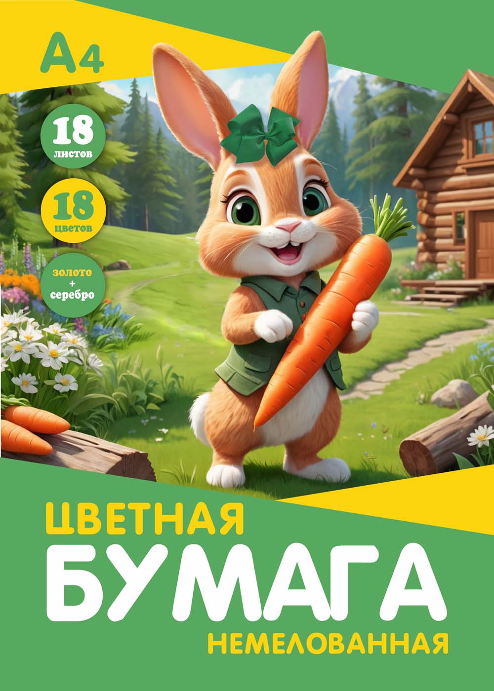 Бумага цветная а4 18л. 18цв. немелов. "зайка" золото+серебро скоба