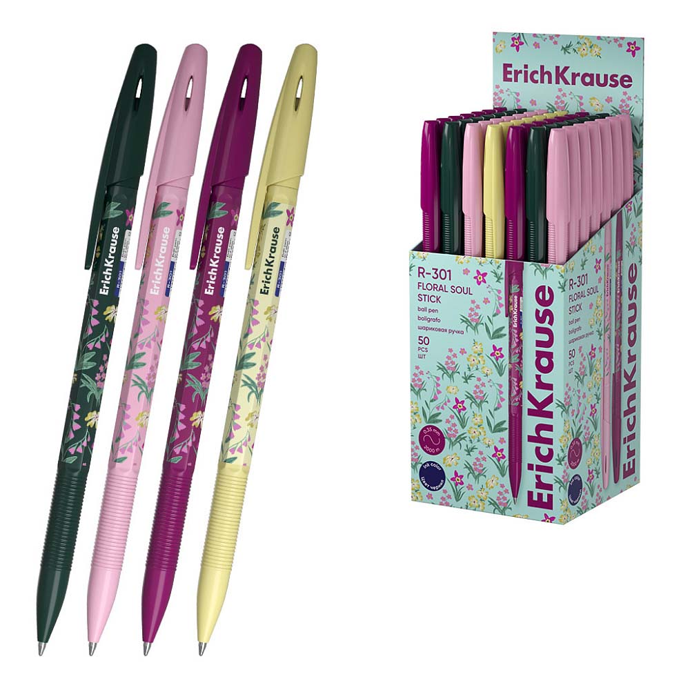Ручка шар. erich krause "r-301 stick. floral soul" синяя 0,7мм асс-т