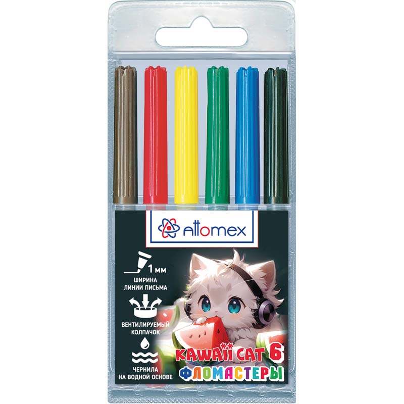 Фломастеры "kawaii cat" 6 цв. (attomex) вент.колп. пл/бл.