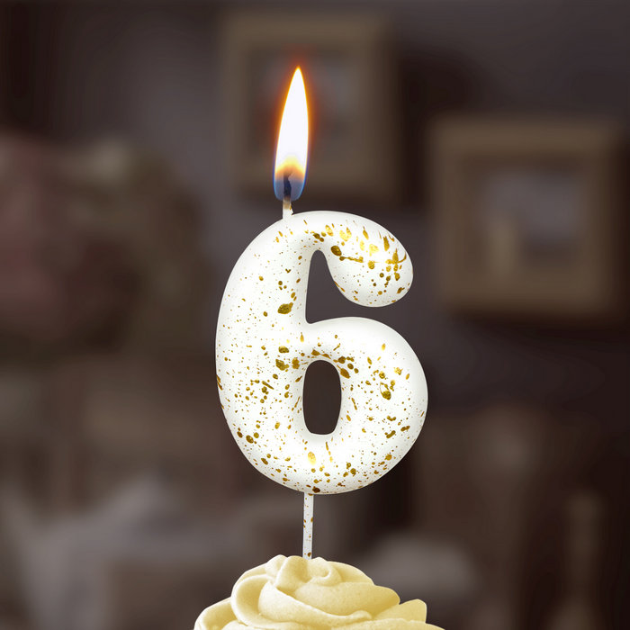 Свеча для торта цифра "6" белые брызги"