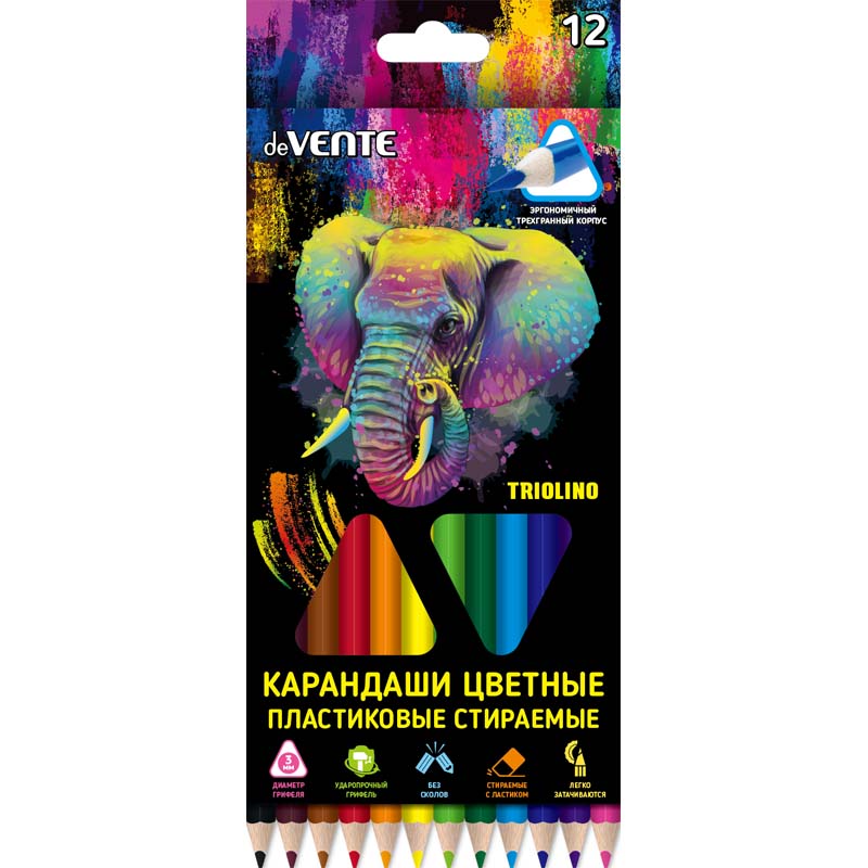 Карандаши цветные devente "triolino. erase" 12цв. пластик трёхгран. с резинкой