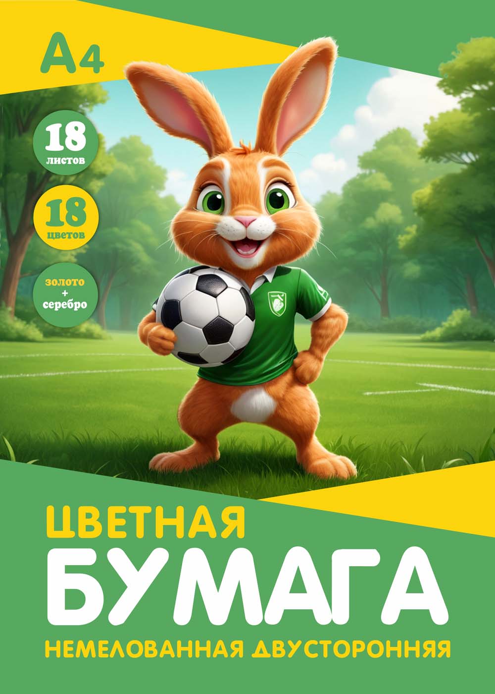 Бумага цветная а4 18л. 18цв. двустор. немелов. "заяц футболист" золото+серебро скоба