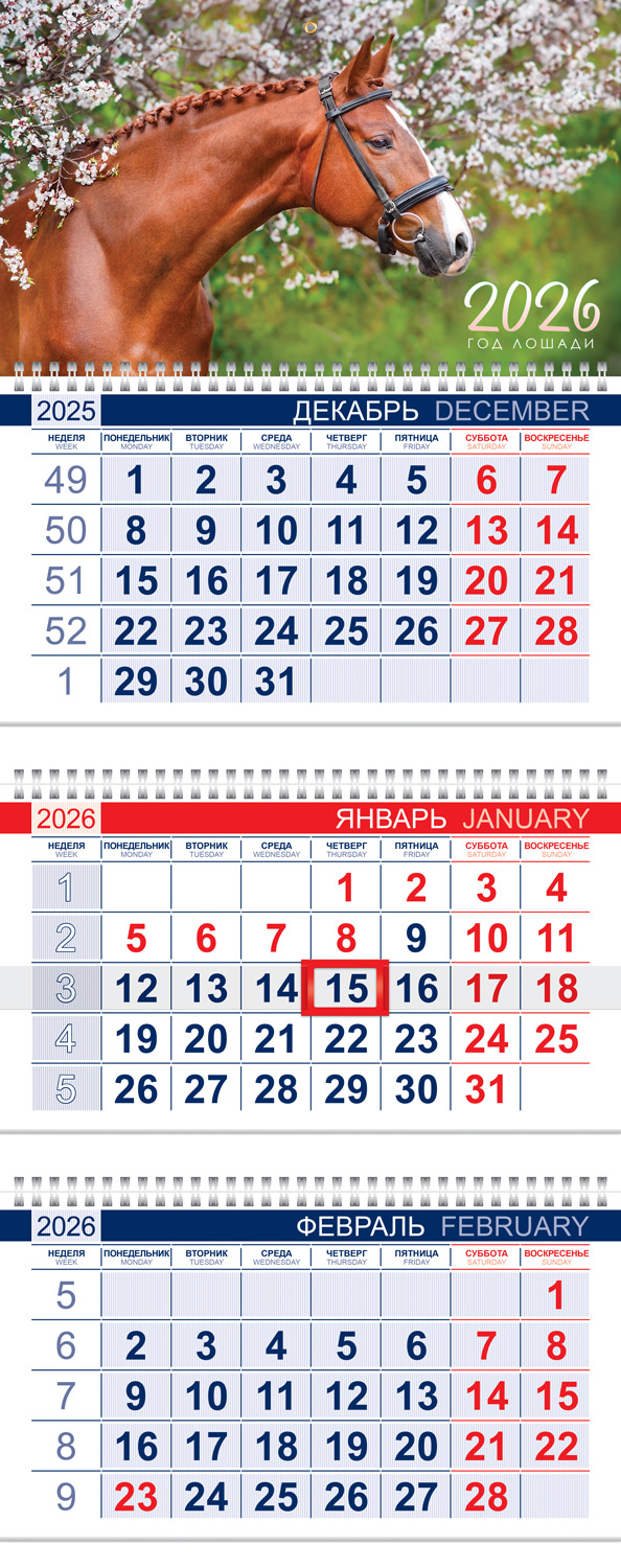 Календарь настенный 3-блочный 2026 "год лошади" + бегунок