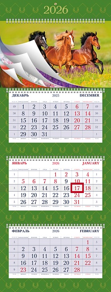 Календарь настенный 3-блочный 2026 "год лошади" + 5 постеров + бегунок