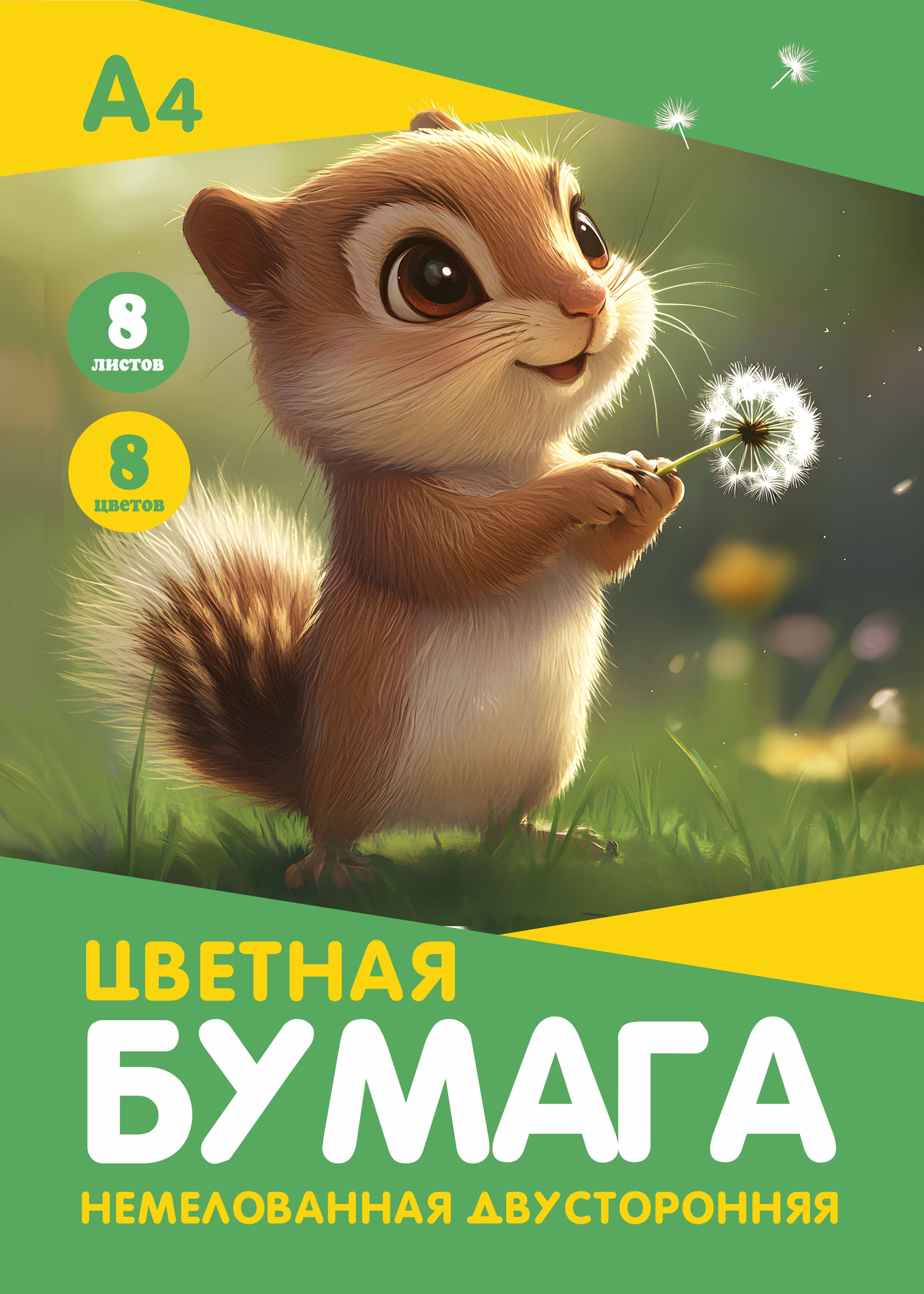 Бумага цветная а4 8л. 8цв. двустор. немелов. "бурундучок" скоба